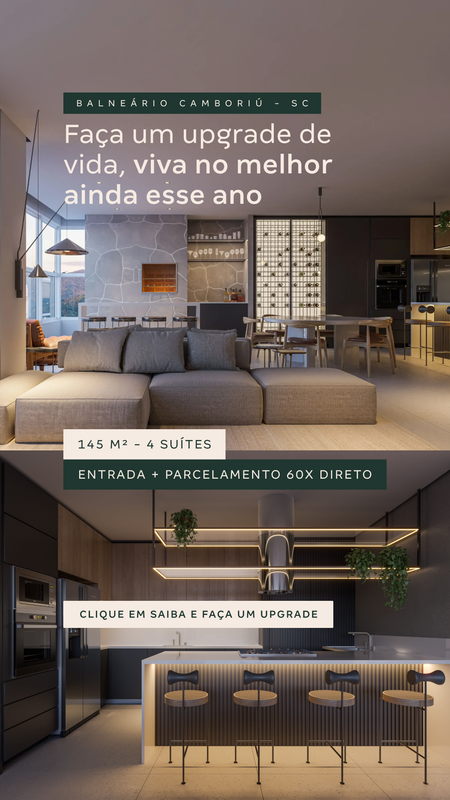 Apartment campaign creative in Balneário Camboriú showing the living room, kitchen and property details.