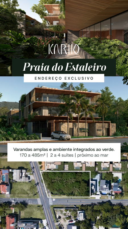 Campaign creative in Praia do Estaleiro showing architecture integrated with nature and the development’s location.